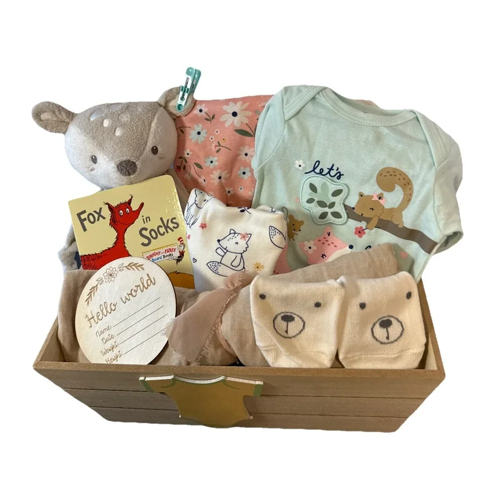 Gift Ready Fox Themed Baby Girl Shower Basket, Fox Book, Lovey, Clothes, Blanket